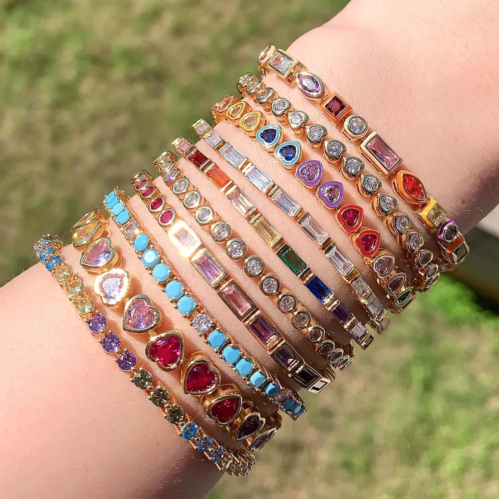 2025 New Fashion Gold Color Colorful Rainbow Bracelet 5A Cubic Zirconia CZ Enamel Geometric Tennis Chain Bangle Women Jewelry