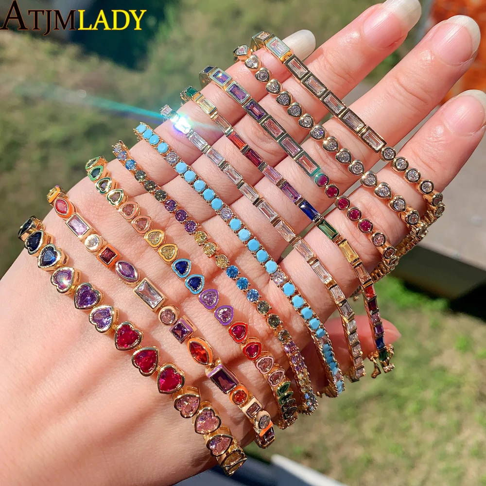 2025 New Fashion Gold Color Colorful Rainbow Bracelet 5A Cubic Zirconia CZ Enamel Geometric Tennis Chain Bangle Women Jewelry