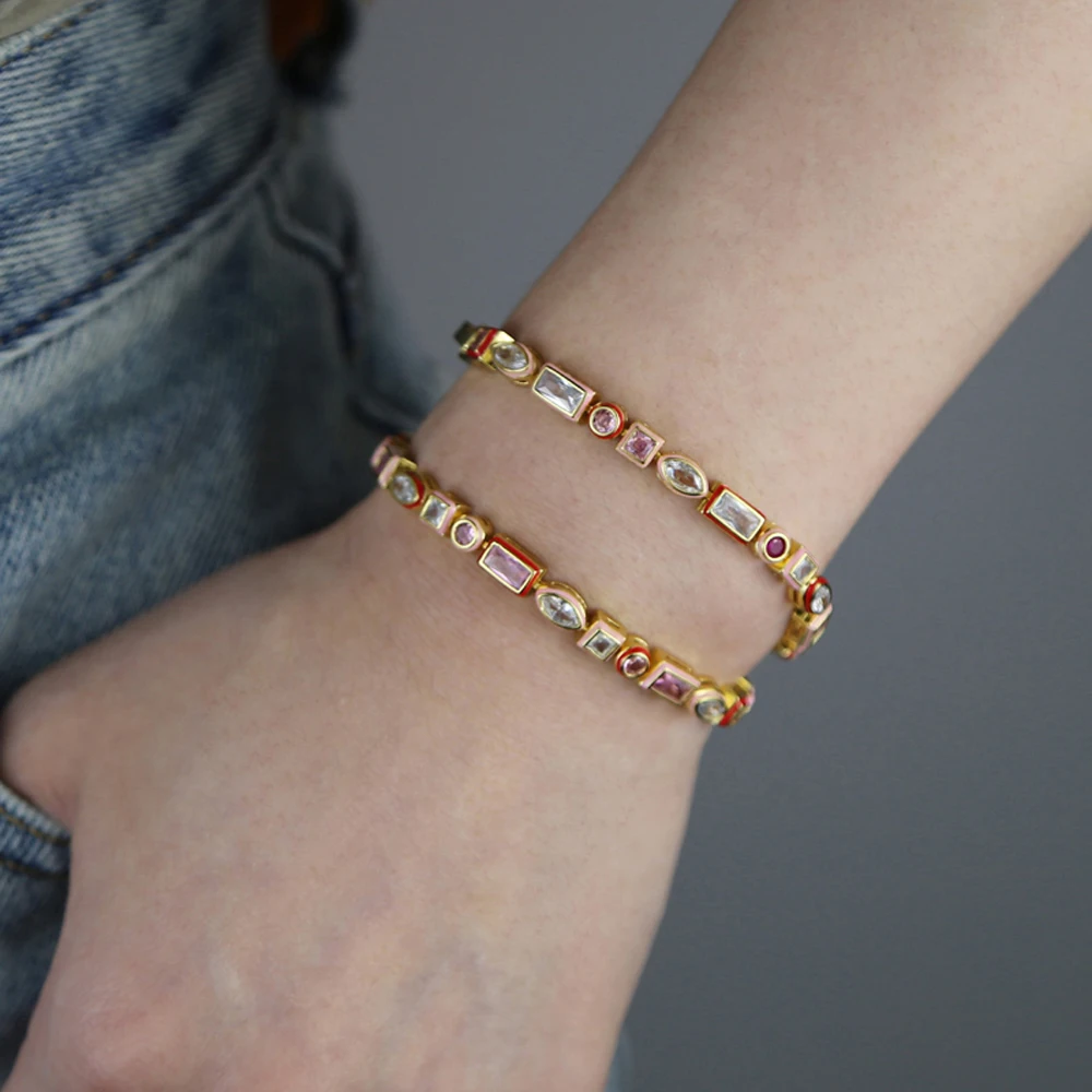 2025 New Fashion Gold Color Colorful Rainbow Bracelet 5A Cubic Zirconia CZ Enamel Geometric Tennis Chain Bangle Women Jewelry