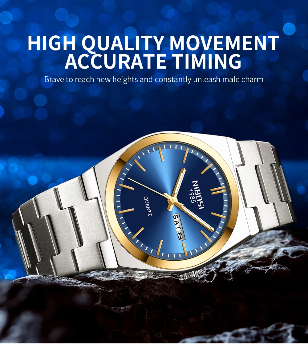 NIBOSI Luxury Mens Watches Date Week Display Luminous Waterproof Quartz Watch Simple Stainless Steel Male Relogio Masculino