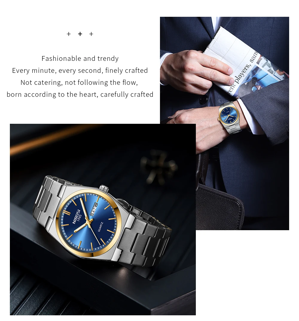 NIBOSI Luxury Mens Watches Date Week Display Luminous Waterproof Quartz Watch Simple Stainless Steel Male Relogio Masculino