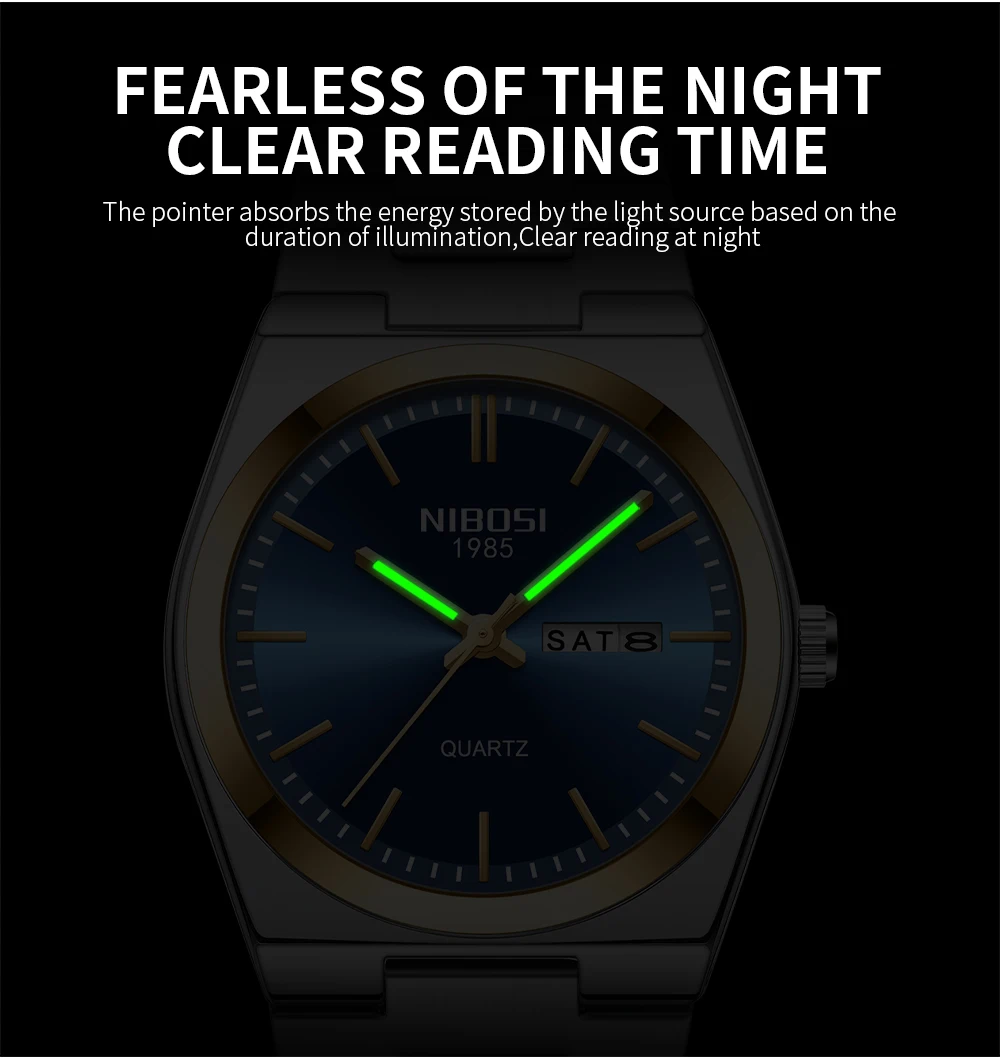 NIBOSI Luxury Mens Watches Date Week Display Luminous Waterproof Quartz Watch Simple Stainless Steel Male Relogio Masculino
