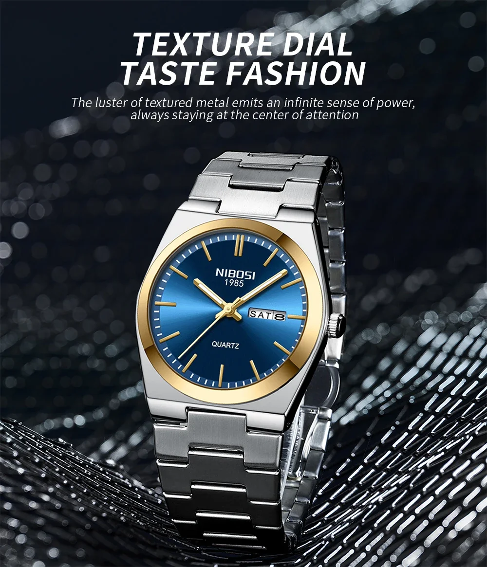 NIBOSI Luxury Mens Watches Date Week Display Luminous Waterproof Quartz Watch Simple Stainless Steel Male Relogio Masculino