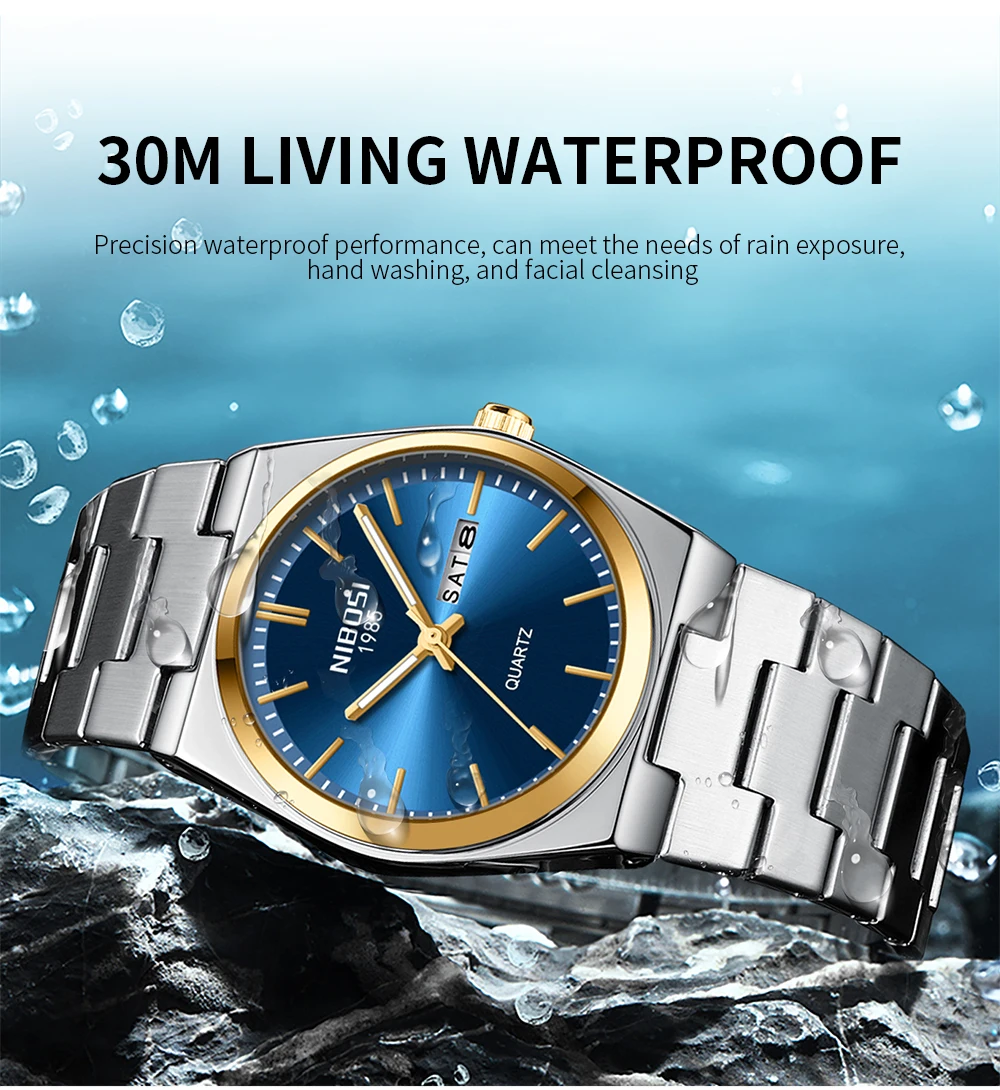 NIBOSI Luxury Mens Watches Date Week Display Luminous Waterproof Quartz Watch Simple Stainless Steel Male Relogio Masculino