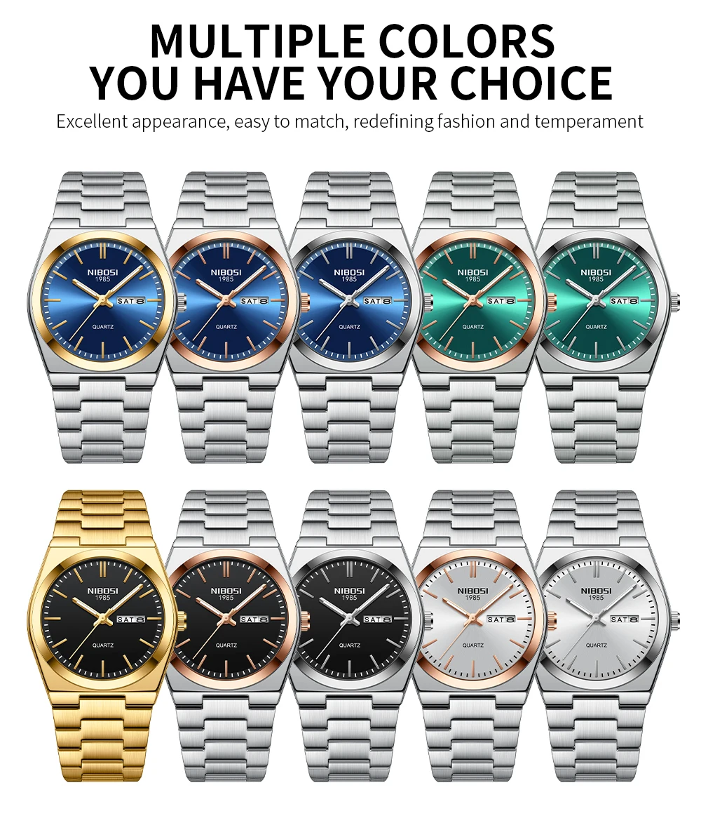 NIBOSI Luxury Mens Watches Date Week Display Luminous Waterproof Quartz Watch Simple Stainless Steel Male Relogio Masculino