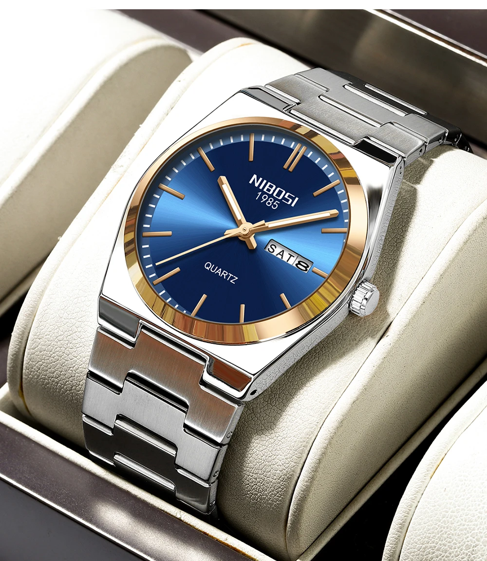 NIBOSI Luxury Mens Watches Date Week Display Luminous Waterproof Quartz Watch Simple Stainless Steel Male Relogio Masculino