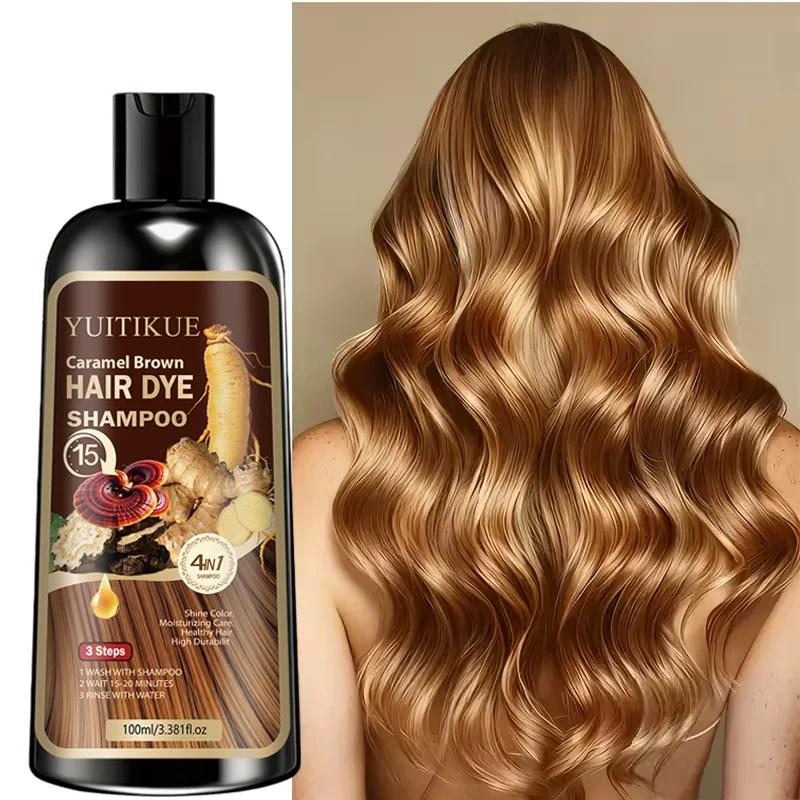 YUITIKUE Caramel Brown Hair Dye Shampoo - 4in1 Moisturizing Hair Color Shampoo Long-Lasting Hair Dye for All Hair Types
