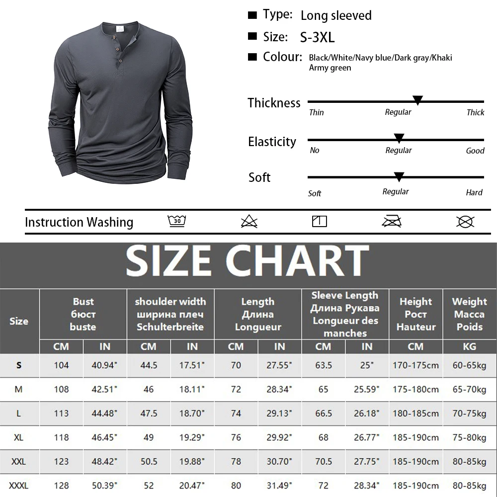 New Men's Henley T-shirts Long Sleeve Basic Casual Band Collar T Shirts Comfortable Soft Pullover Tops Male Tee