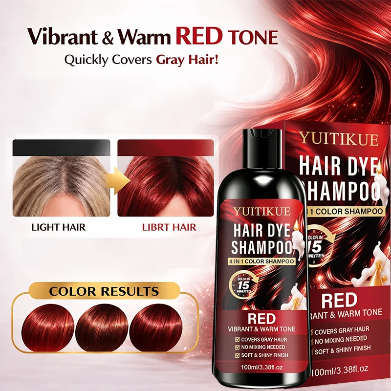 100ml Red 4IN1 Hair Color Shampoo 15 Mins Fast Dye Cover Grey Hair Salon Shine Effect No Mix Needed Warm Vibrant Red Tone
