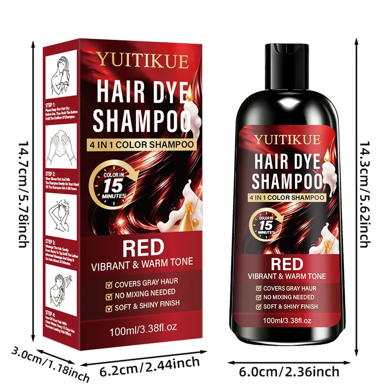 100ml Red 4IN1 Hair Color Shampoo 15 Mins Fast Dye Cover Grey Hair Salon Shine Effect No Mix Needed Warm Vibrant Red Tone