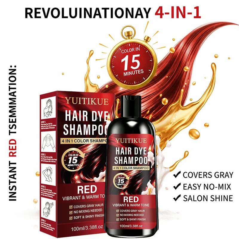 100ml Red 4IN1 Hair Color Shampoo 15 Mins Fast Dye Cover Grey Hair Salon Shine Effect No Mix Needed Warm Vibrant Red Tone