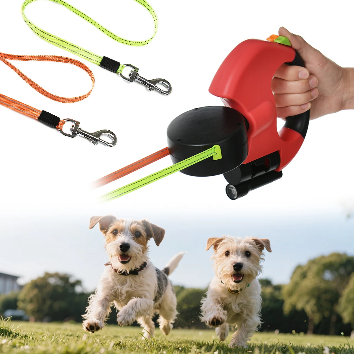 3m Double-Ended Dog Leash Auto Retractable Traction Rope 360 Degree Dual Head Walking Nylon Leashes with Flashlight Poop Bag Box