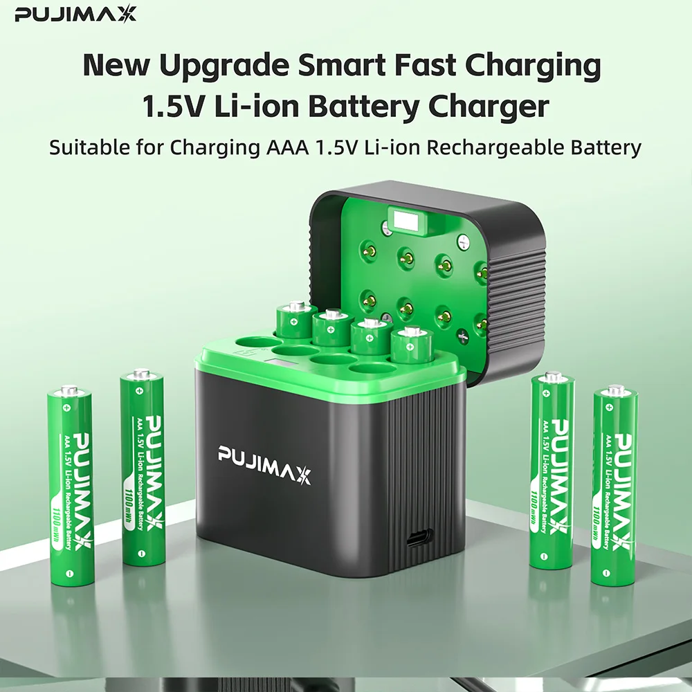 PUJIMAX 1.5V AAA 1100mWh Rechargeable Lithium-ion Battery With Smart Battery Charger SET Batteries Individually Available