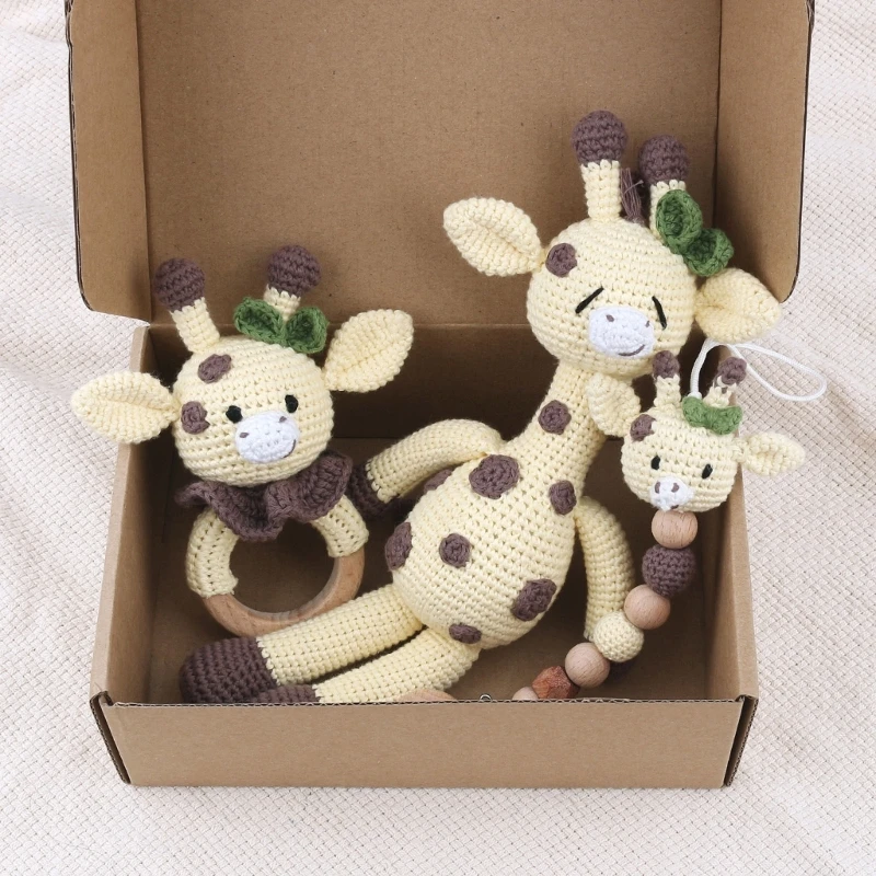 1 Set Baby Stuffed Animal Doll kawaii Panda Plush Toys+Crochet Rattle+Hair Brush+Newborn Swaddle Wrap Baby Birth Shower Gift Box