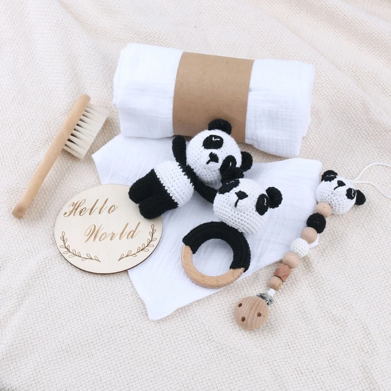 1 Set Baby Stuffed Animal Doll kawaii Panda Plush Toys+Crochet Rattle+Hair Brush+Newborn Swaddle Wrap Baby Birth Shower Gift Box