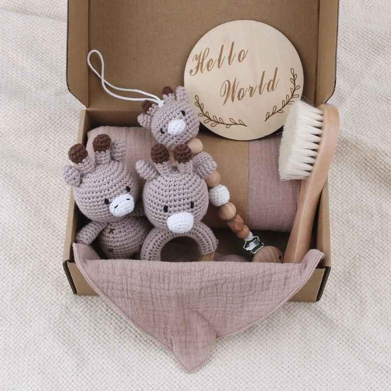 1 Set Baby Stuffed Animal Doll kawaii Panda Plush Toys+Crochet Rattle+Hair Brush+Newborn Swaddle Wrap Baby Birth Shower Gift Box