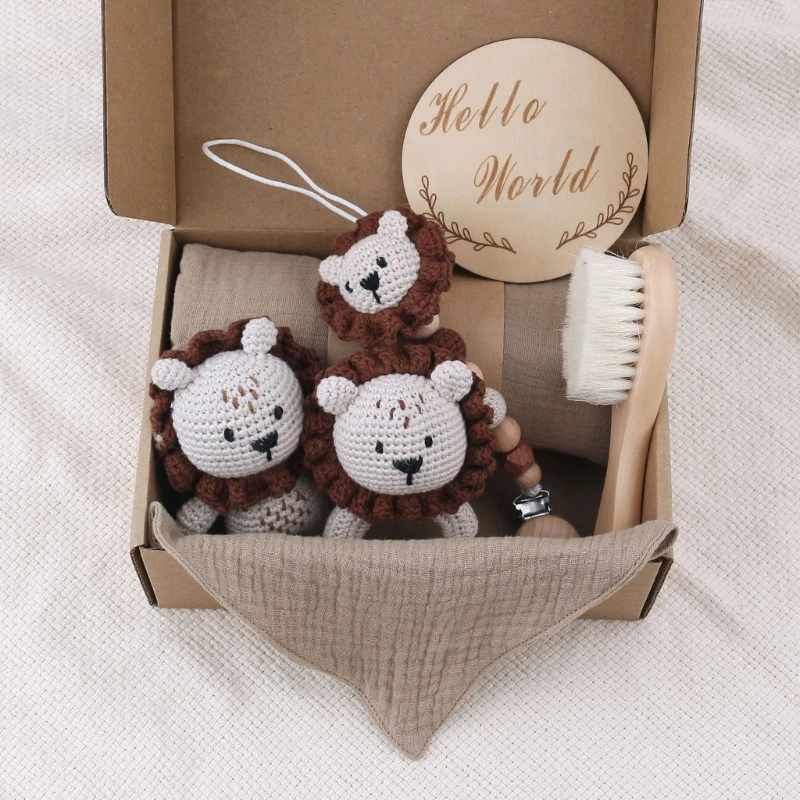 1 Set Baby Stuffed Animal Doll kawaii Panda Plush Toys+Crochet Rattle+Hair Brush+Newborn Swaddle Wrap Baby Birth Shower Gift Box