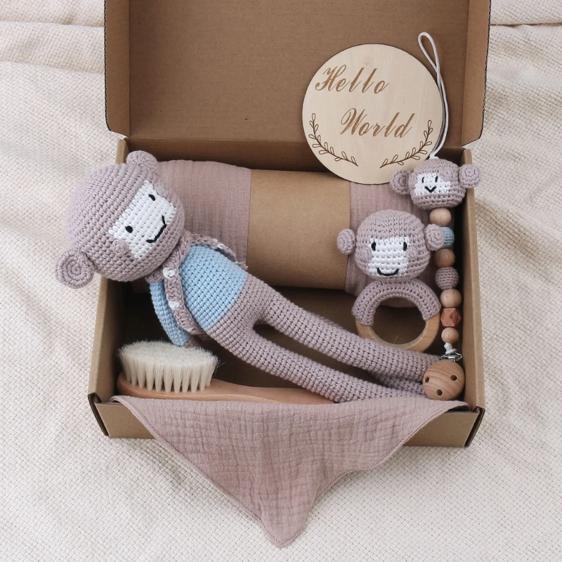 1 Set Baby Stuffed Animal Doll kawaii Panda Plush Toys+Crochet Rattle+Hair Brush+Newborn Swaddle Wrap Baby Birth Shower Gift Box
