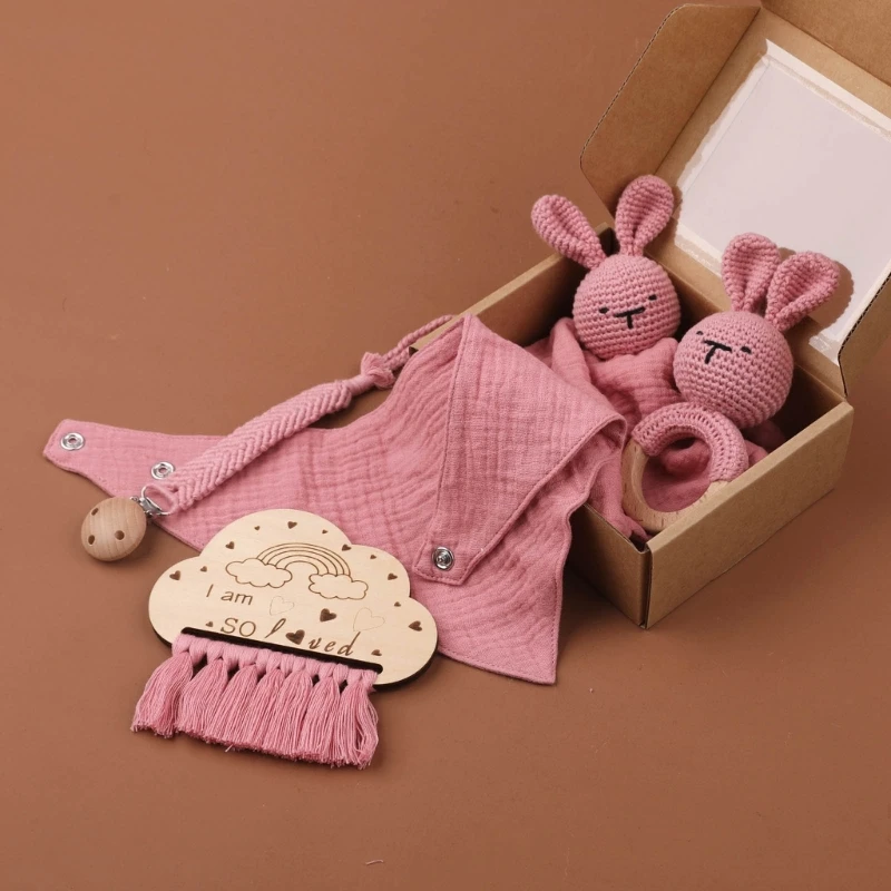 1 Set Baby Stuffed Animal Doll kawaii Panda Plush Toys+Crochet Rattle+Hair Brush+Newborn Swaddle Wrap Baby Birth Shower Gift Box