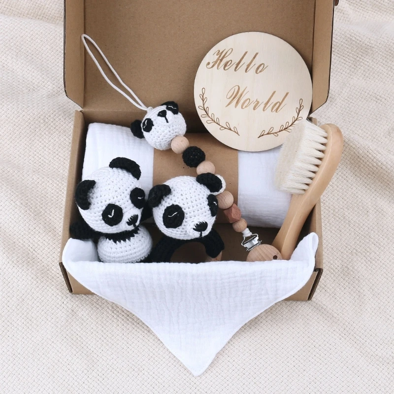 1 Set Baby Stuffed Animal Doll kawaii Panda Plush Toys+Crochet Rattle+Hair Brush+Newborn Swaddle Wrap Baby Birth Shower Gift Box