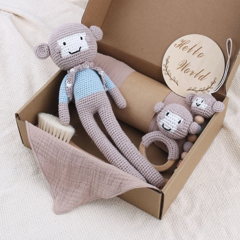 1 Set Baby Stuffed Animal Doll kawaii Panda Plush Toys+Crochet Rattle+Hair Brush+Newborn Swaddle Wrap Baby Birth Shower Gift Box
