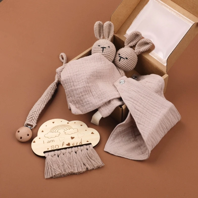 1 Set Baby Stuffed Animal Doll kawaii Panda Plush Toys+Crochet Rattle+Hair Brush+Newborn Swaddle Wrap Baby Birth Shower Gift Box