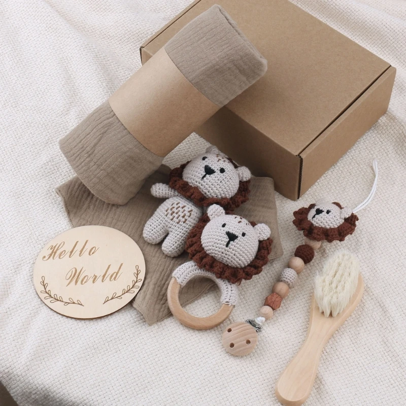 1 Set Baby Stuffed Animal Doll kawaii Panda Plush Toys+Crochet Rattle+Hair Brush+Newborn Swaddle Wrap Baby Birth Shower Gift Box