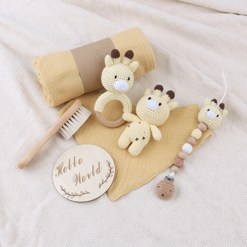 1 Set Baby Stuffed Animal Doll kawaii Panda Plush Toys+Crochet Rattle+Hair Brush+Newborn Swaddle Wrap Baby Birth Shower Gift Box