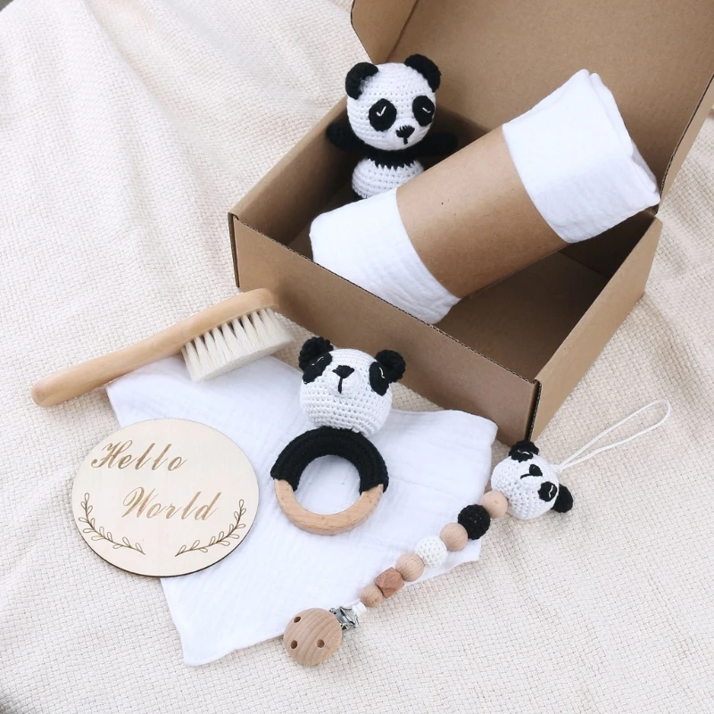 1 Set Baby Stuffed Animal Doll kawaii Panda Plush Toys+Crochet Rattle+Hair Brush+Newborn Swaddle Wrap Baby Birth Shower Gift Box