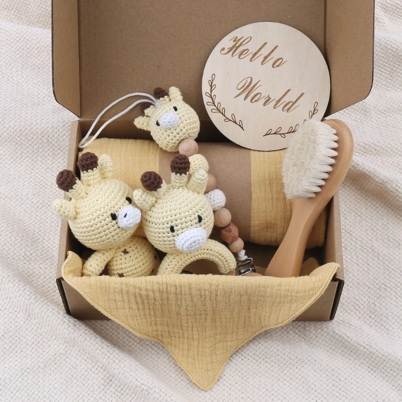 1 Set Baby Stuffed Animal Doll kawaii Panda Plush Toys+Crochet Rattle+Hair Brush+Newborn Swaddle Wrap Baby Birth Shower Gift Box