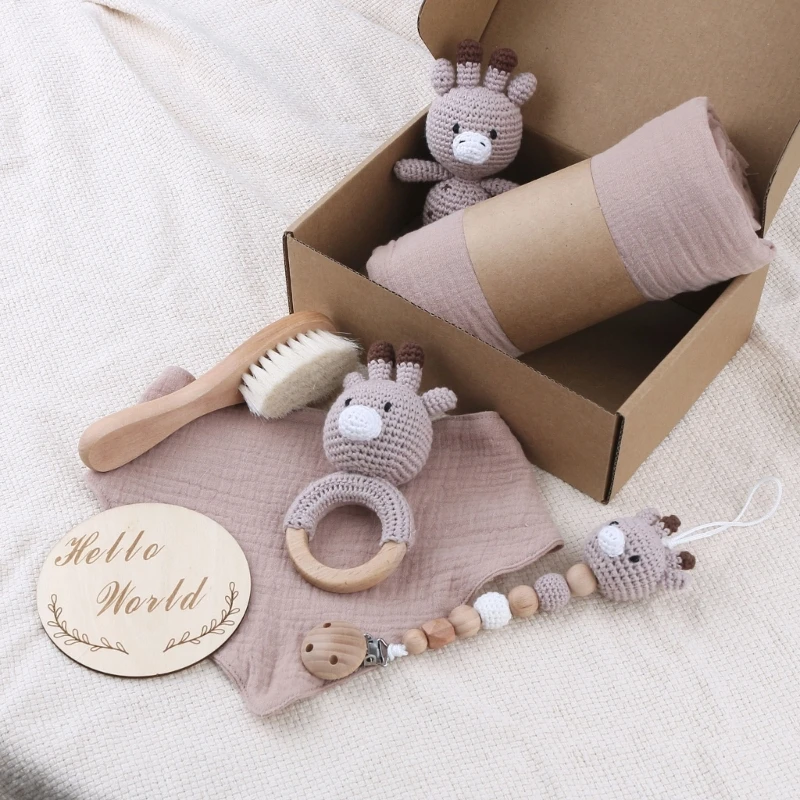 1 Set Baby Stuffed Animal Doll kawaii Panda Plush Toys+Crochet Rattle+Hair Brush+Newborn Swaddle Wrap Baby Birth Shower Gift Box