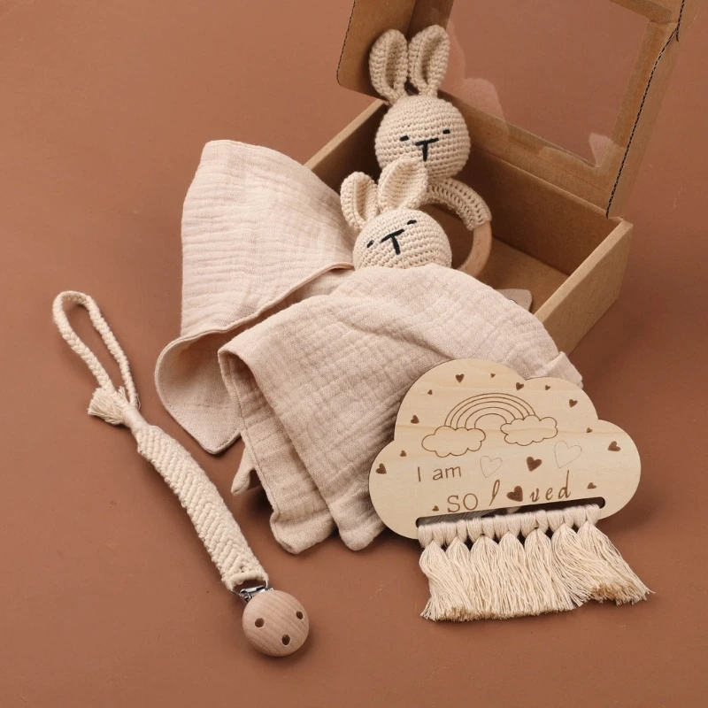 1 Set Baby Stuffed Animal Doll kawaii Panda Plush Toys+Crochet Rattle+Hair Brush+Newborn Swaddle Wrap Baby Birth Shower Gift Box