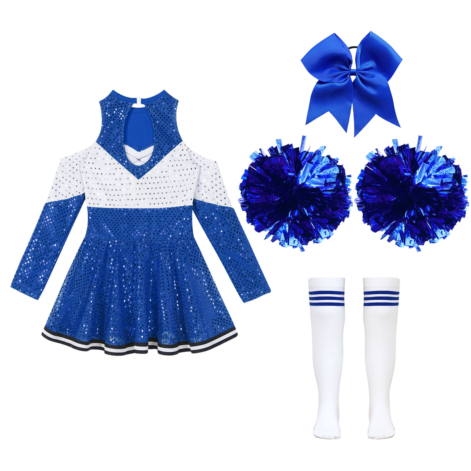 Girl Cheerleader Costume Children's Cheer Dance Outfits Sequins Cheerlead Dress + Hand Flowers Teamwear Suit Kids Dancewear Set