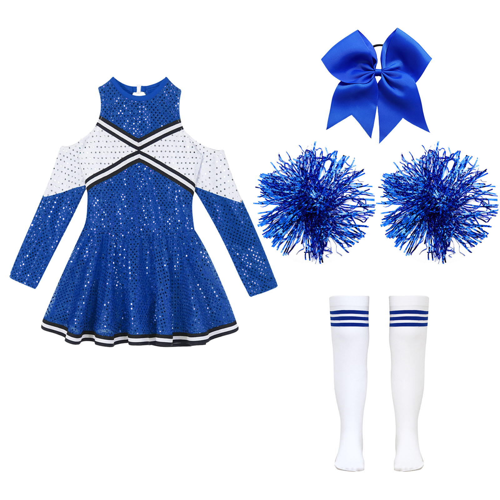 Girl Cheerleader Costume Children's Cheer Dance Outfits Sequins Cheerlead Dress + Hand Flowers Teamwear Suit Kids Dancewear Set