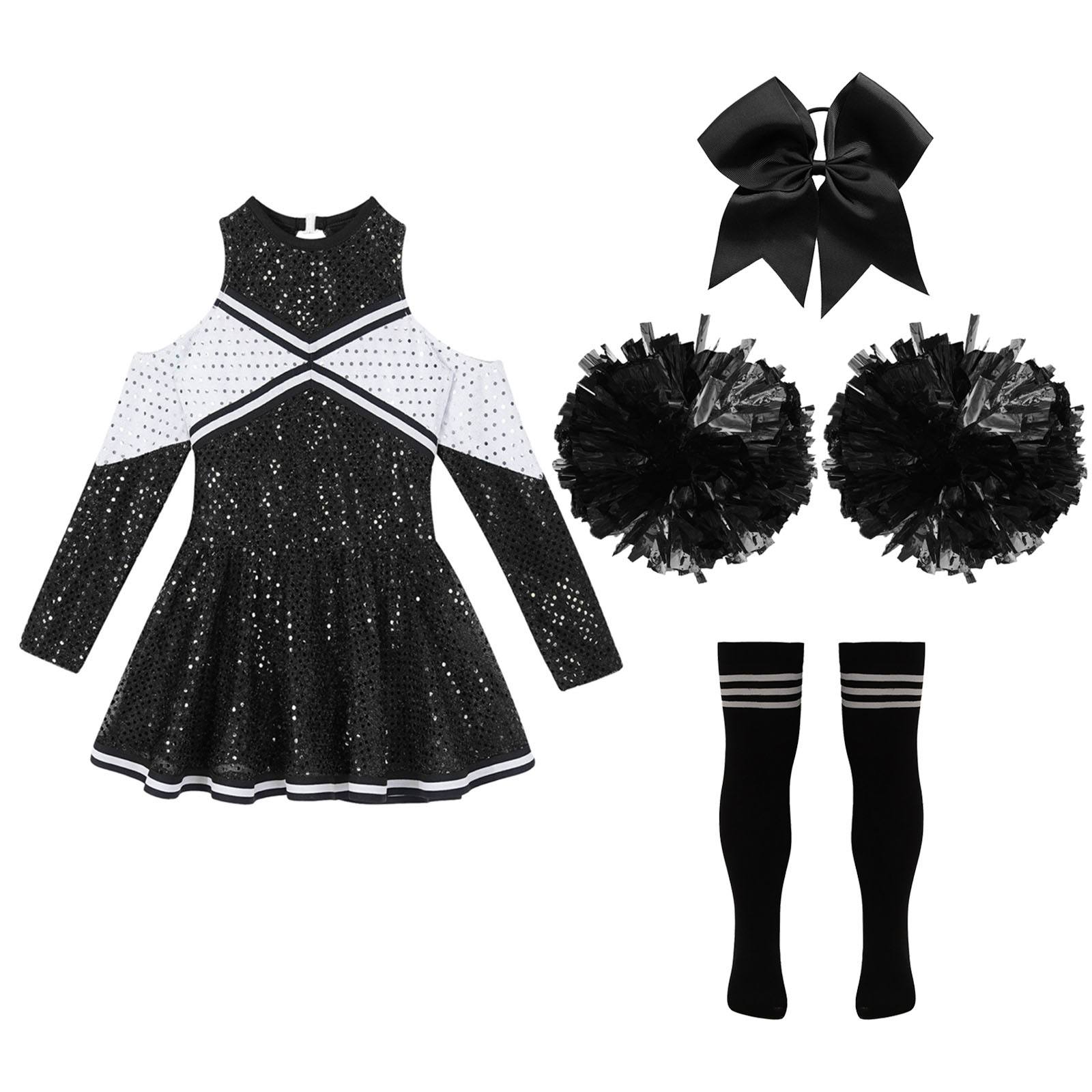 Girl Cheerleader Costume Children's Cheer Dance Outfits Sequins Cheerlead Dress + Hand Flowers Teamwear Suit Kids Dancewear Set