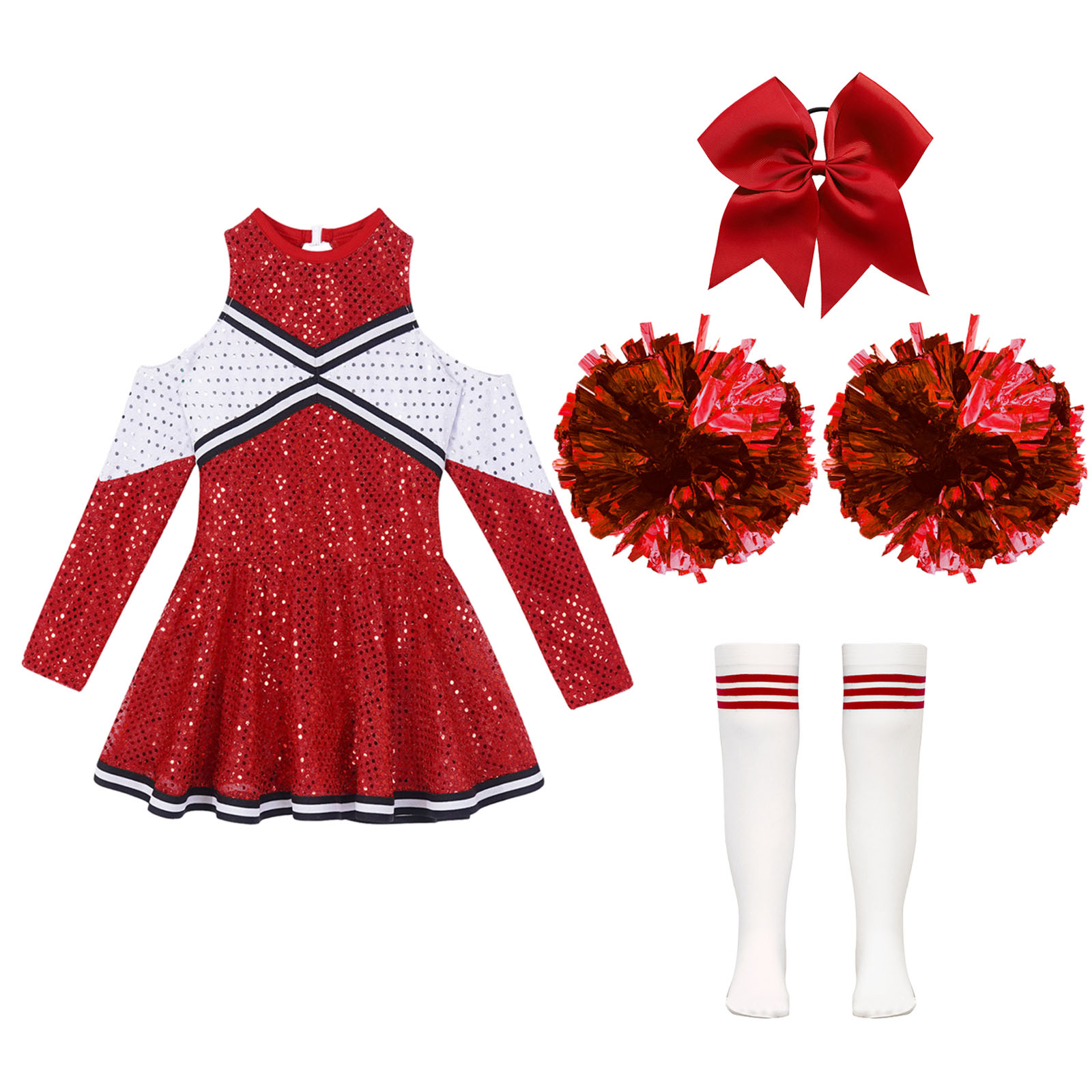 Girl Cheerleader Costume Children's Cheer Dance Outfits Sequins Cheerlead Dress + Hand Flowers Teamwear Suit Kids Dancewear Set