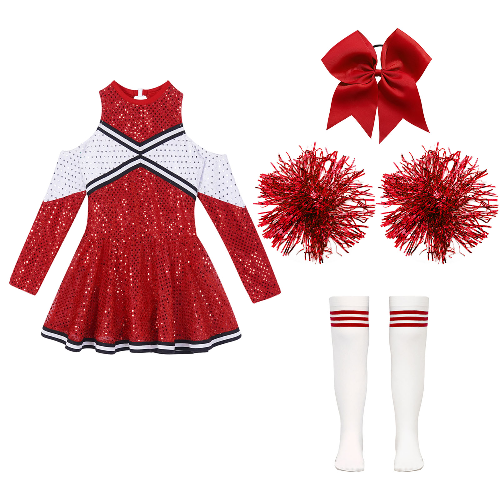 Girl Cheerleader Costume Children's Cheer Dance Outfits Sequins Cheerlead Dress + Hand Flowers Teamwear Suit Kids Dancewear Set