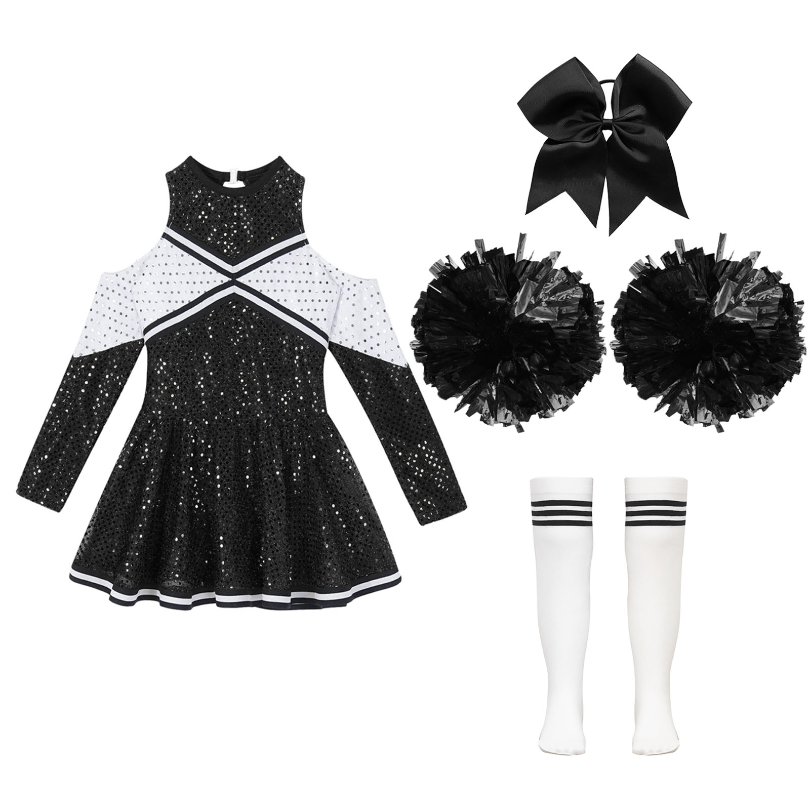 Girl Cheerleader Costume Children's Cheer Dance Outfits Sequins Cheerlead Dress + Hand Flowers Teamwear Suit Kids Dancewear Set
