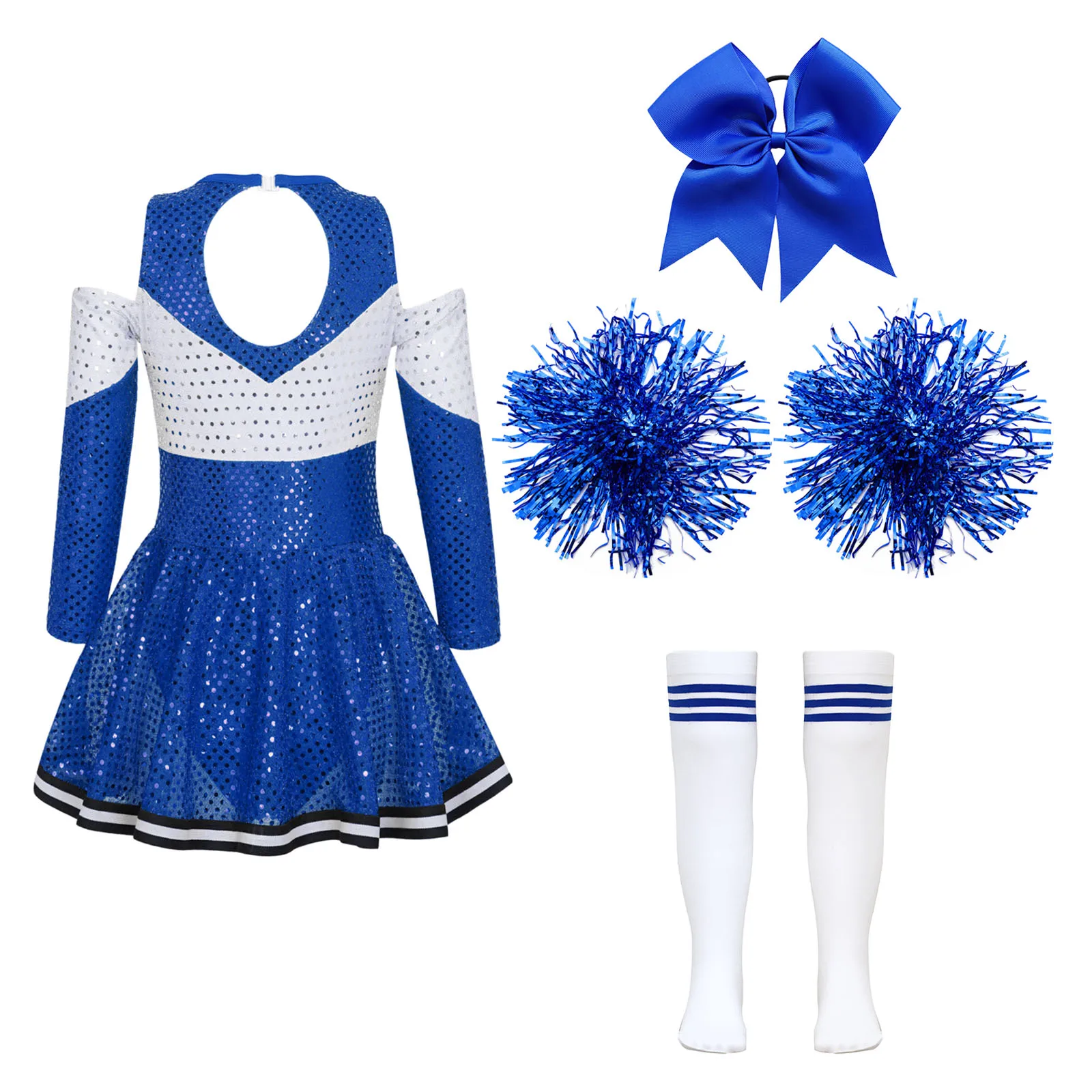 Girl Cheerleader Costume Children's Cheer Dance Outfits Sequins Cheerlead Dress + Hand Flowers Teamwear Suit Kids Dancewear Set