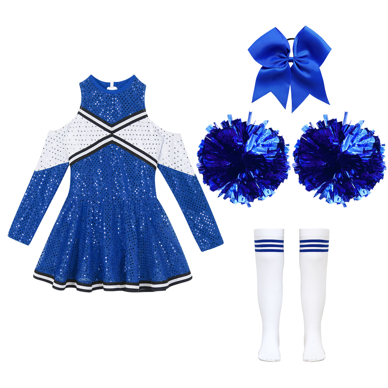 Girl Cheerleader Costume Children's Cheer Dance Outfits Sequins Cheerlead Dress + Hand Flowers Teamwear Suit Kids Dancewear Set