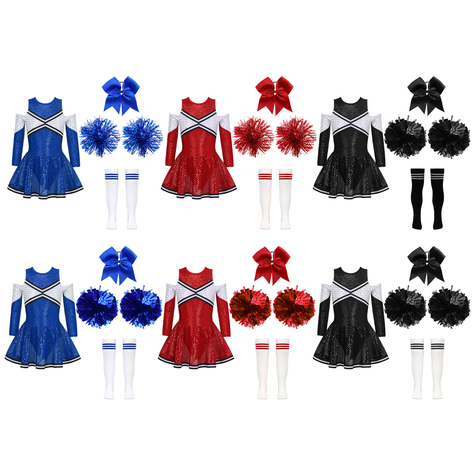 Girl Cheerleader Costume Children's Cheer Dance Outfits Sequins Cheerlead Dress + Hand Flowers Teamwear Suit Kids Dancewear Set