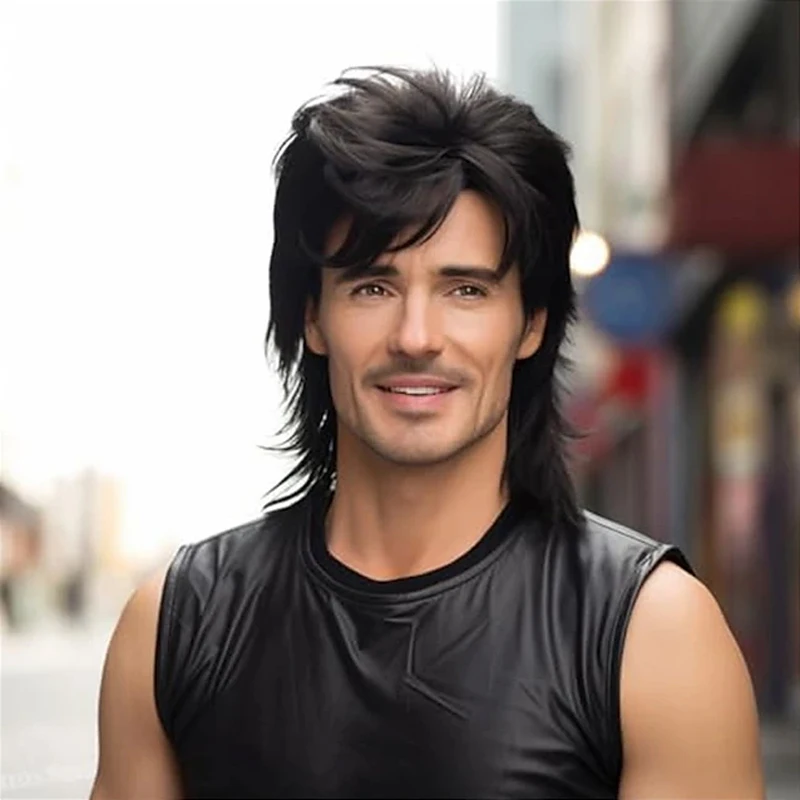 HAIRJOY Synthetic Hair Mullet Wig Adult Funny Wigs for Men Pop Rock Wig Joe Dirt Wig for 70s 80s Wig Brown Synthetic Wigs