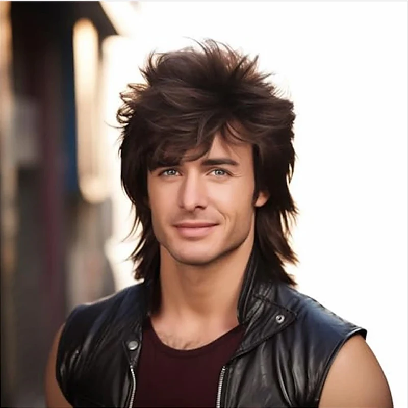 HAIRJOY Synthetic Hair Mullet Wig Adult Funny Wigs for Men Pop Rock Wig Joe Dirt Wig for 70s 80s Wig Brown Synthetic Wigs