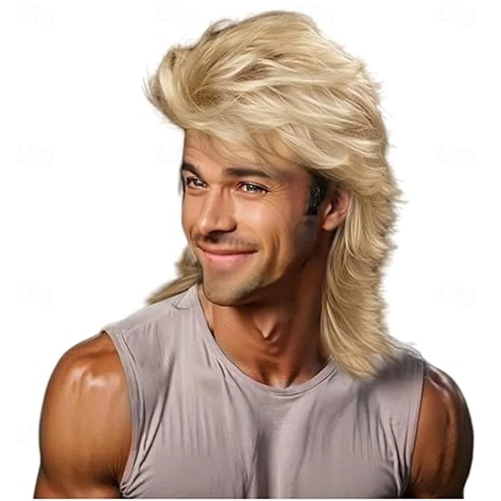 HAIRJOY Synthetic Hair Mullet Wig Adult Funny Wigs for Men Pop Rock Wig Joe Dirt Wig for 70s 80s Wig Brown Synthetic Wigs