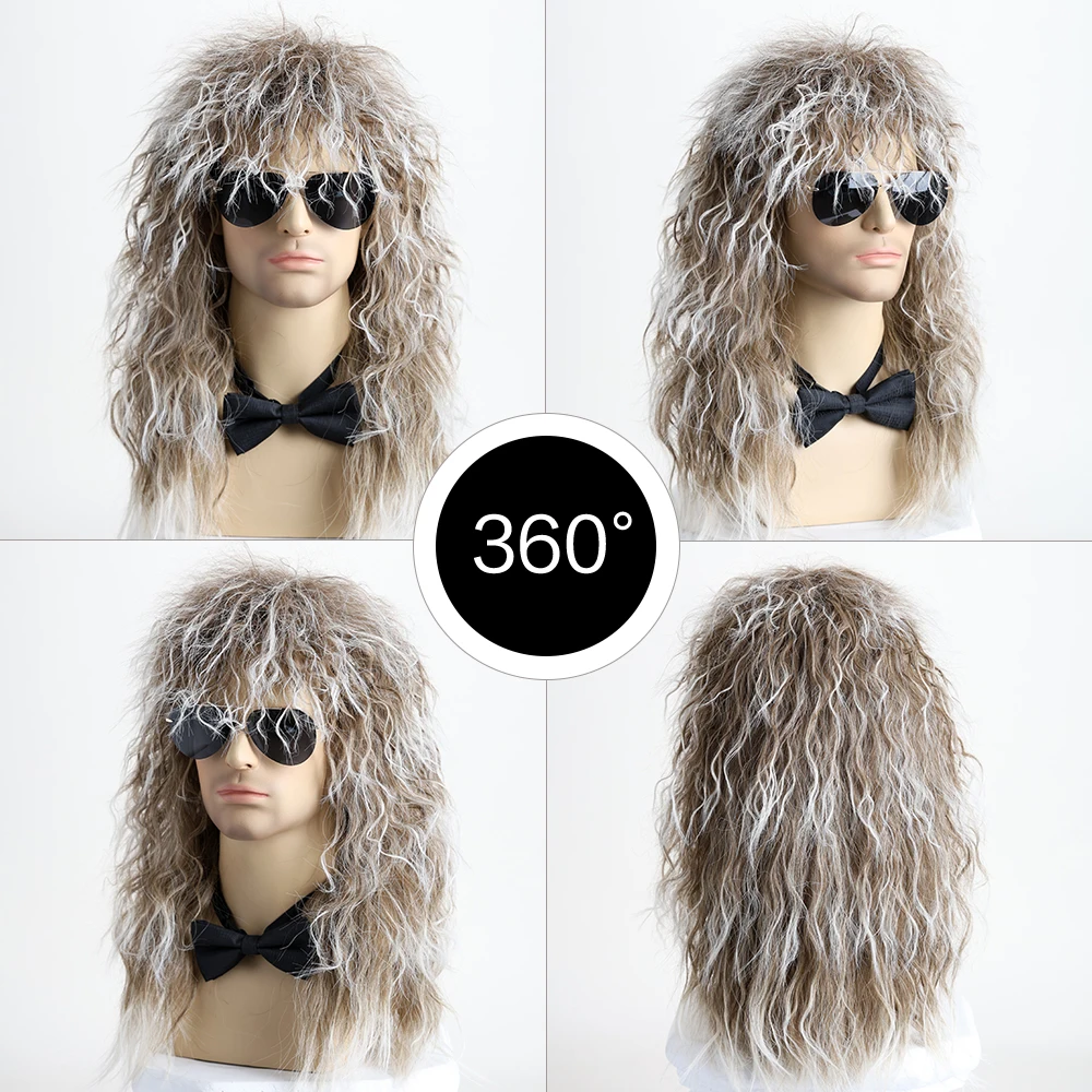 70S 80S Rock Punk Wig 22 Inch Men's Long Curly Synthetic Natural Look Halloween Cosplay Wig