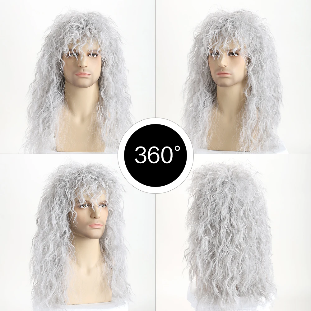 70S 80S Rock Punk Wig 22 Inch Men's Long Curly Synthetic Natural Look Halloween Cosplay Wig