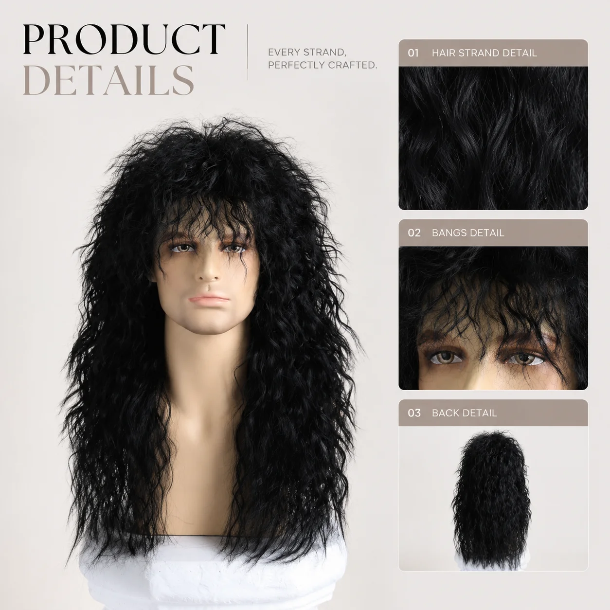 70S 80S Rock Punk Wig 22 Inch Men's Long Curly Synthetic Natural Look Halloween Cosplay Wig