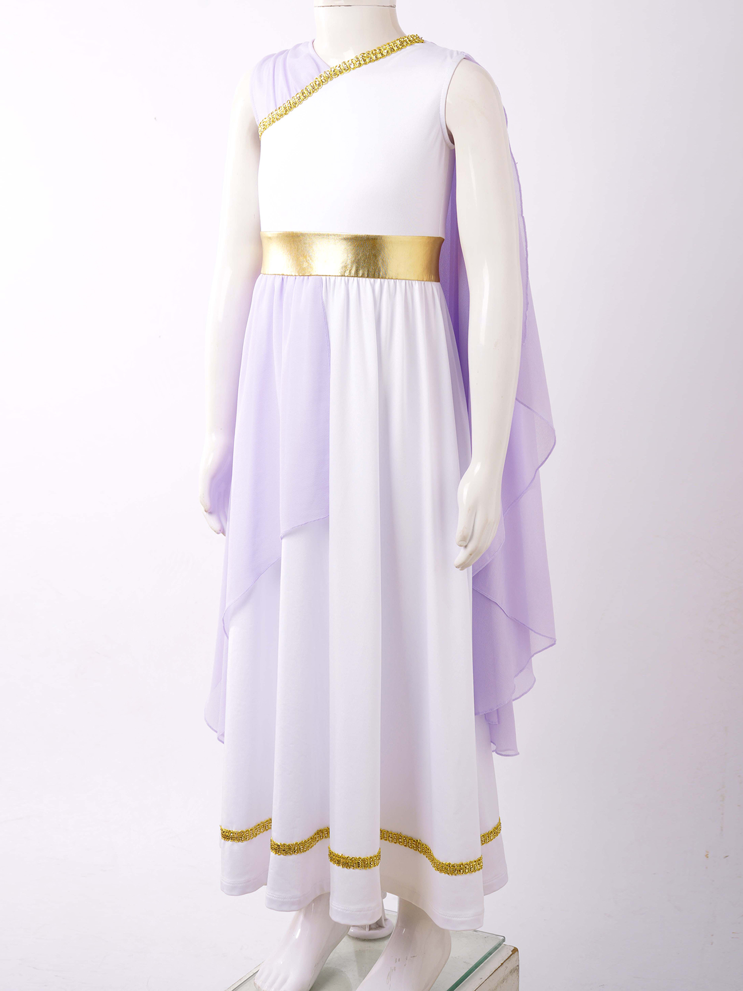 Kids Girls Roman Ancient Greek Godess Toga Costume Athena Cosplay Princess Robe Dress with Flowy Tulle Shawls Headwear Outfits