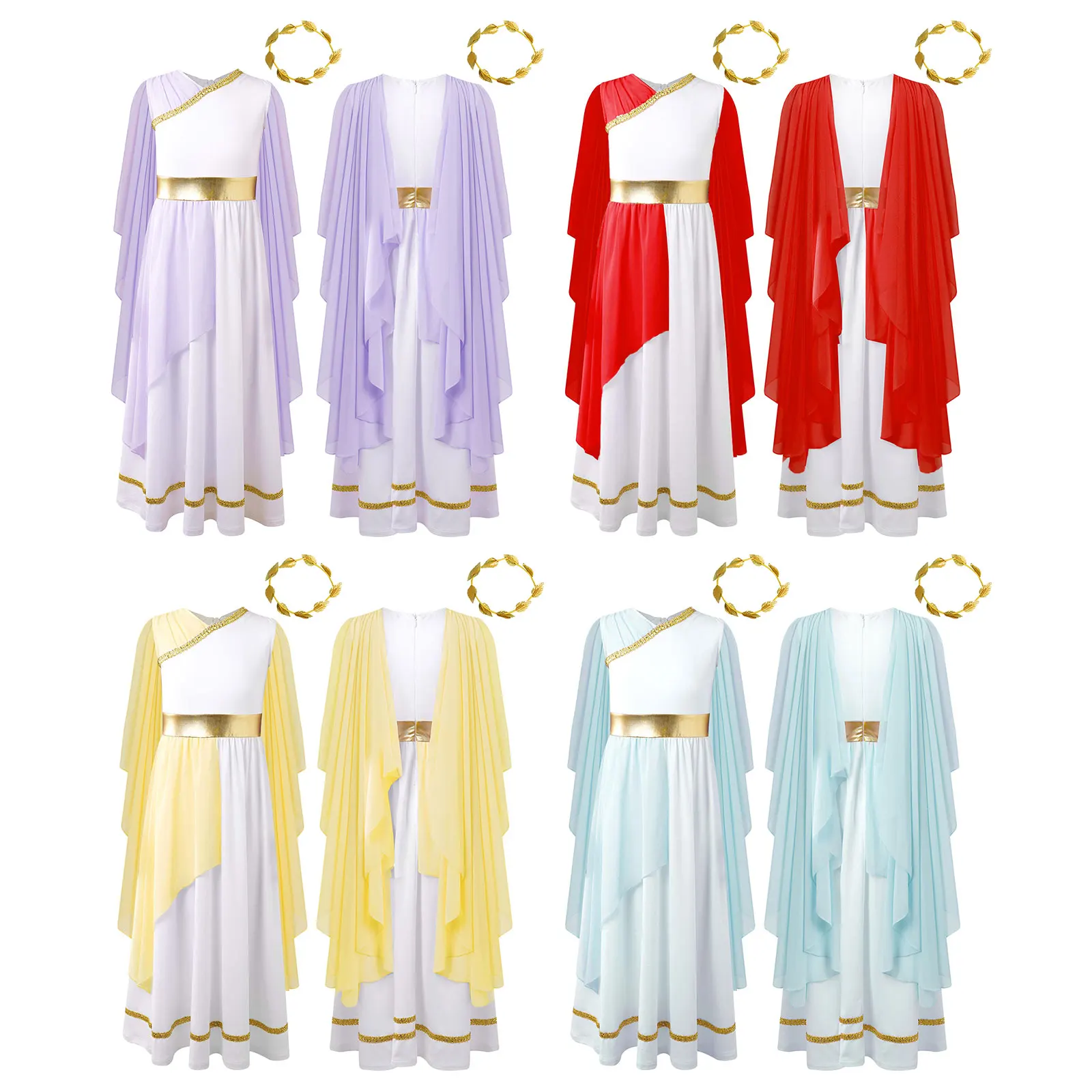 Kids Girls Roman Ancient Greek Godess Toga Costume Athena Cosplay Princess Robe Dress with Flowy Tulle Shawls Headwear Outfits