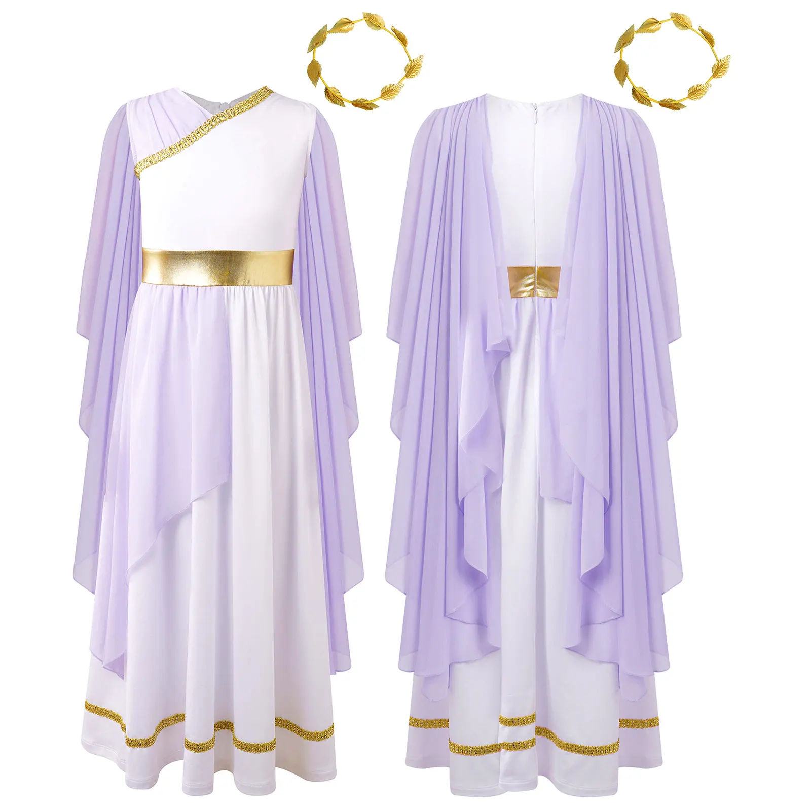 Kids Girls Roman Ancient Greek Godess Toga Costume Athena Cosplay Princess Robe Dress with Flowy Tulle Shawls Headwear Outfits